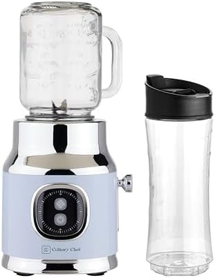 Blue personal blender with mason jar